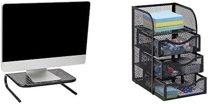 Mind Reader Soporte para monitor y mini suministros de escritorio, organizador de suministros de oficina, 3 cajones, 1 estante superior, negro