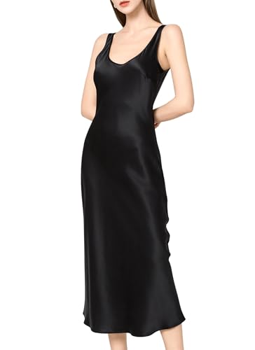 22 Momme 100% Mulberry Silk Dress with Scoop Neck Midi Silk Slip Sleeveless Dress Party Dresses for Women