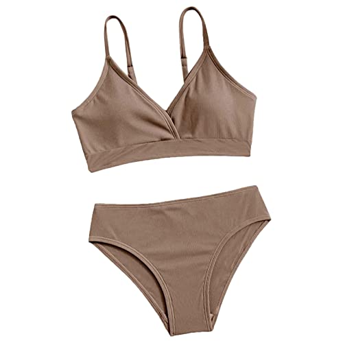 Teen Girls' Swimsuits 2 Piece V-Neck Solid Sport Bikini Set Adjustable Straps High Waist (A-Brown, 12-14 Years)