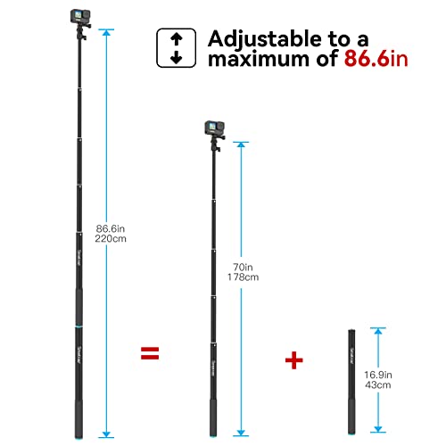 Newest 86.6 Inch Selfie Stick For Gopro Hero 11/10/9/8/7/6/5,Dji Osmo Action, Insta 360 Camera Telescopic Monopod, Extension Pole Compatiable With Compact Cameras And Iphone/Cell Phones. #TOP1