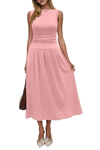Image of Womens Summer Casual Midi Maxi Dress 2026 Sleeveless Ruched A Line Flowy Cocktail Wedding Guest Beach Long Sundress