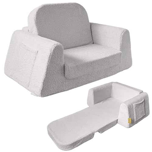 BanaSuper Sofá Cama Infantil 2 en 1, Sillón Convertible y Cama Plegable para Niños, Tejido Sherpa Suave, Funda Desenfundable Lavable, Regalo del Niño y Cumpleaños, Gris