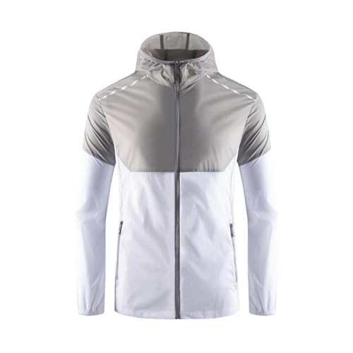 Dmmtot Chaquetas de protección solar con capucha para hombre, con cremallera completa, impermeable, transpirable, ligera, de secado rápido, bloqueo de color, senderismo, senderismo, montañismo, ropa