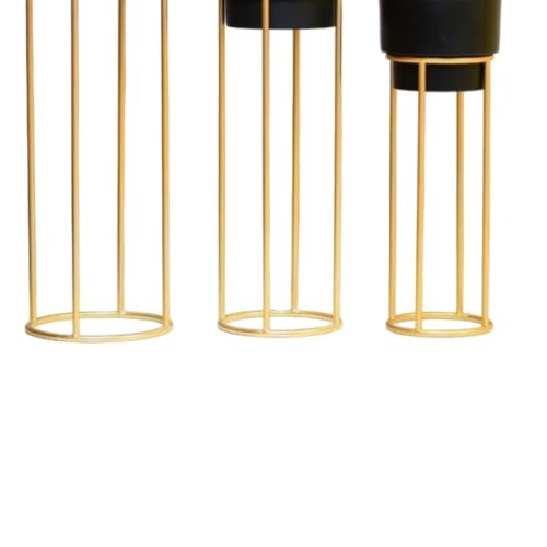 Image of ZM Handicrafts Metal Floor Planter Pot Stand with Gold Finish, Set of 3, Modern Style, for Living Room, Bedroom, Balcony, Office | Indoor / Outdoor Flower Pot Stand with Pots (Black Pot)