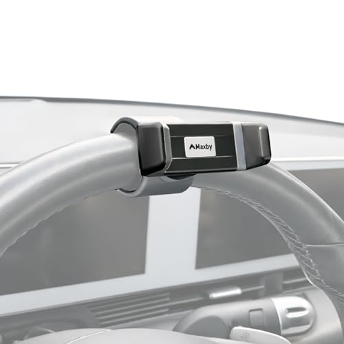 Maxby Steering Wheel Phone Holder Mount for Parked Use Universal Clamp Fits Most Phones 360 Rotating Adjustable Bracket Quick Attach Detach Hands-Free Viewing for Waiting and Meals in the Car