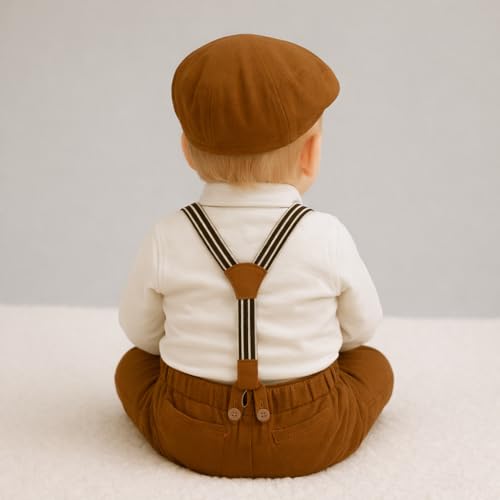 Image of Baby Boy Formal Outfit Set with Suspenders, Bow Tie & Newsboy Cap - Toddler Gentleman Dress Clothes for Birthday Party, Cake Smash, Wedding & Photoshoot