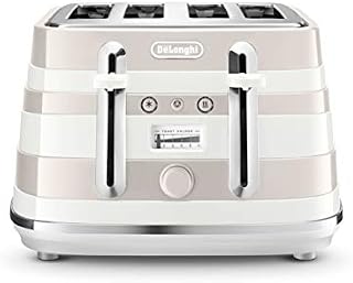 De'Longhi Avvolta 4-slot toaster, reheat, defrost & 6 browning settings, removable crumb tray, CTA4003W, White & Beige