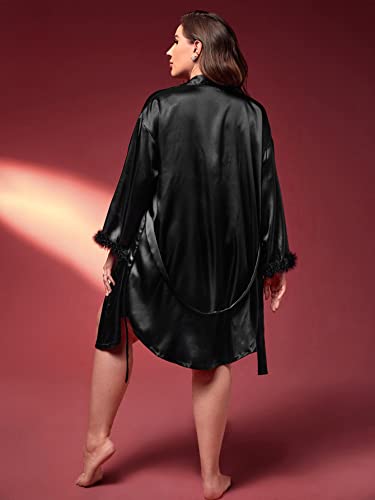 Wdirara Women's Plus Satin Robe Faux Feather Trim Long Sleeve Belted Short Night Robe Black 2Xl #TOP1