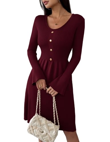 Zeagoo Kleid Damen Langarm Strickkleid Knielang Midikleid V-Ausschnitt Pulloverkleid Herbst Winter Weinrot S