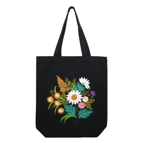 Image of Canvas Handbag Embroidery Kit, Flower Embroidery DIY Craft Floral Tote Bag Beginner Kit Include Hoops Color Threads Needle, DIY Sewing Stamped Set