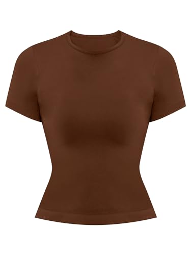 Sunzel Womens Fitted Tight Short Sleeve Shirts Basic Slim Fit T Shirts Soft Crew Neck Trendy Summer Tee Tops Brown Small