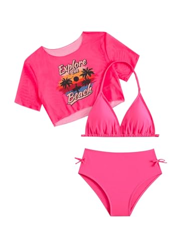 Girl's 3 Piece Swimsuit Halter Backless High Waisted Bathing Suit with Tropical Cover Up