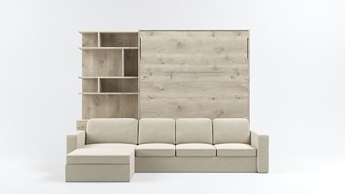 MAXIMAHOUSE Schrankbett Vertikal Invento NOVA 160V (160x200) mit Couch Ecksofa, und Bücherregal, Lattenrost aus Holz, Wandbett Klappbett, Bett im Schrank (Eiche Natur+Beige) MAXIMAHOUSE Schrankbett Vertikal Invento NOVA 160V (160x200) mit Couch Ecksofa, und Bücherregal, Lattenrost aus Holz, Wandbett Klappbett, Bett im Schrank (Eiche Natur+Beige)