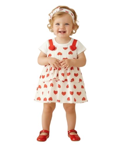 Image of A.T.U.N. (ALL THINGS UBER NICE) Baby Girls 100% Cotton Pinafore Dress with Inner Look Top | Cute Heart Print Design | Soft Touch Flared Fit | Comfortable Stylish Outfit for Babies