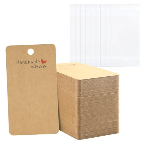joycraft 100Pcs Earring Display Cards with Bags 2x3.5 inch Earring Display Holder Cards Brown Handmade with Love Earring Tags for Selling Hanging Earring DIY Jewelry Crafts Retail