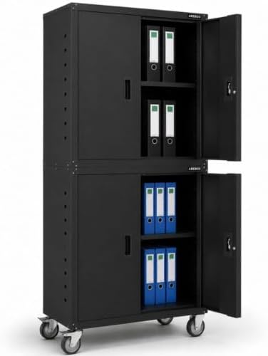 Arebos Aktenschrank Büroschrank | Schwarz | 195 x 40 x 90 cm | 2er Set | 4 Türen | mit Räder | 2 höhenverstellbare Einlegeböden | mit Zylinderschloss
