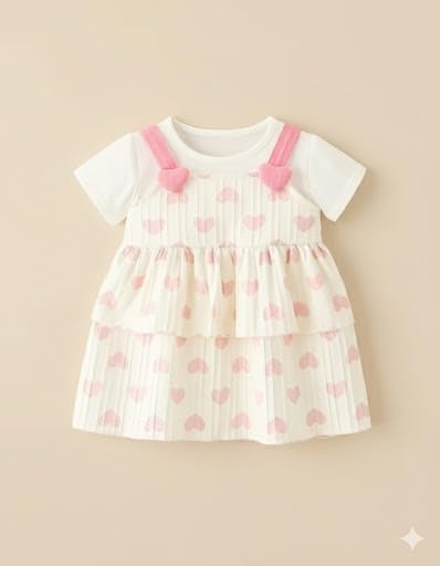 Image of A.T.U.N. (ALL THINGS UBER NICE) Baby Girls 100% Cotton Pinafore Dress with Inner Look Top | Cute Heart Print Design | Soft Touch Flared Fit | Comfortable Stylish Outfit for Babies