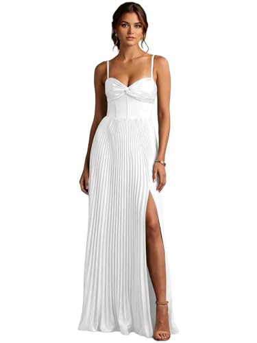 Satin Pleated Bridesmaid Dress for Women Spaghetti Strap Formal Party Gown Split Sweetheart Prom...