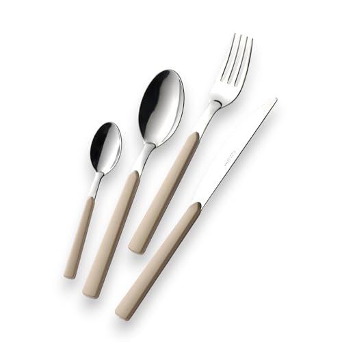 Eme Posaterie Set di 16 Posate Linea Fast, Acciaio inox, Con Manico a Linea, Elegante Set di Posate con Coltello, Forchetta, Cucchiaio per casa, ristorante lavabile in lavastovigli (Sabbia)