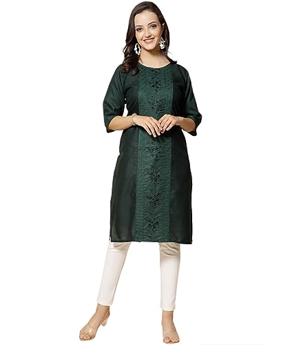 Image of Vinchic Women's Round Neck A-Line Cotton Embroidery Green Kurti (EmbBottle-91011-P)