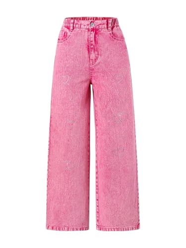 WDIRARA Girl's Rhinestone Glitter Jeans Heart Bow Graphic Wide Leg Elastic High Waist Y2k Denim Pants