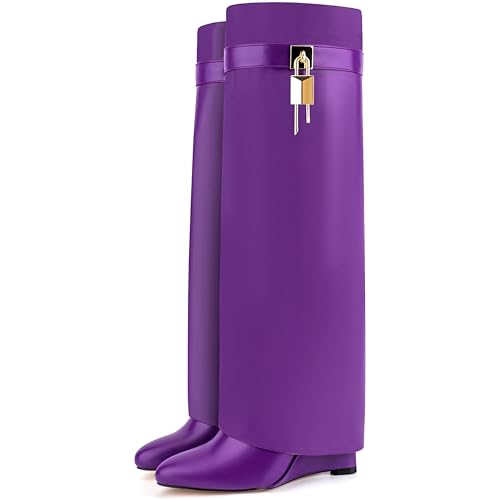 Image of Fold Over Knee High Boots for Women Pointy Pull-on Wedge Heel Knee Shark Boot With Side Zipper Covered Wedge Heel Padlock Boot