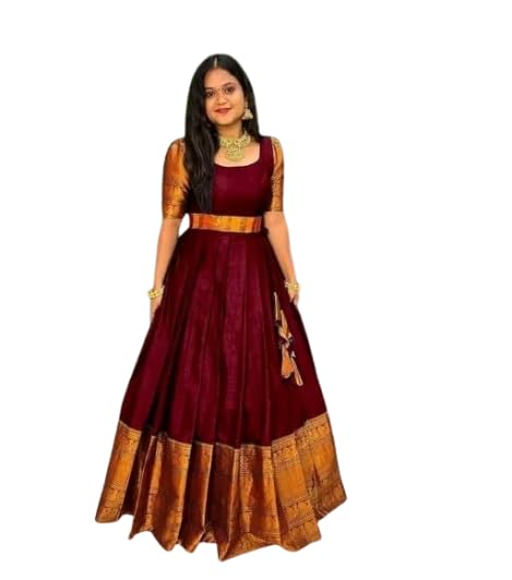 Women’s Traditional Long Anarkali Gown, Black with Copper Border, Floor Length
