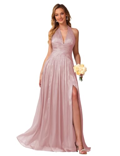 Image of Shimmer Chiffon Bridesmaid Dresses for Women Long | Deep V Neck,Pleated,Knotted,Empire Waist,with Slit,Breathable,Lightweight,Flowy,Formal Evening Dress