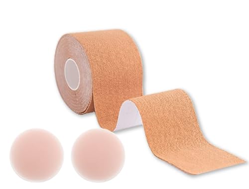 Dpm tapes Boobs & Body Tapes - Sujetador adhesivo para levantamiento de senos, Suave en la piel, Push-up transpirable, Resistente al sudor, Color piel claro - 50 mm x 5 m, 2 cubrepezones incluidos