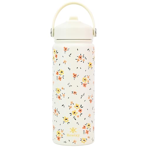 KEWIXY 18 oz Insulated Water Bottle with Straw, Leak Proof, Cup Holder Fit, Stainless Steel with Flip Straw and Handle, Reusable, Metal, for Travel, Gym and School (Floral Ivory)