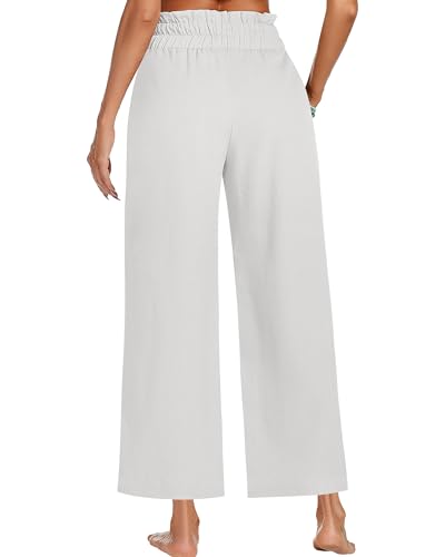 Riyiper 2 Pcs Women's Wide Leg Pants, Casual Linen High Waisted Cropped Trousers with Pockets Drawstring Loose Palazzo Pants (Black, White,Small)3