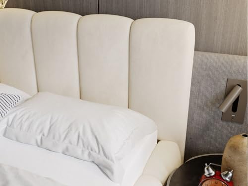 GRAINGOLD Cloud Bett 180x200, Polsterbett mit Bettkasten, Polsterbett mit Stauraum, Samt, mit Lattenrost, mit Kopfteil, ohne Matratze (Beige, 180x200)