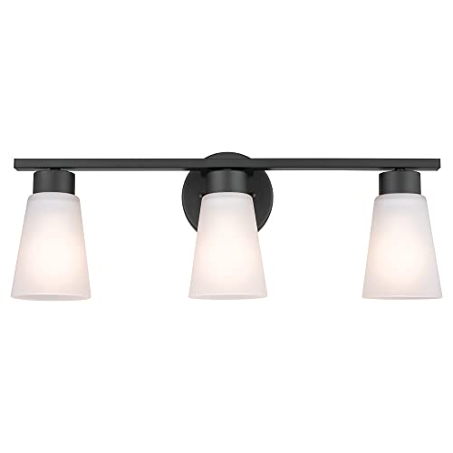 Image of Kichler Stamos 3-Light Bathroom Vanity Light Fixture with Satin Etched Glass Shades, 22 in Modern Wall Light in Black for over Mirror (22 in x 5 in x 8 in), 52608BK