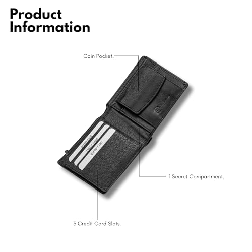 Image of Black Genuine Leather Wallet for Men with RFID Blocking | 6 Card Slots, Coin Pocket | Bi-Fold Design