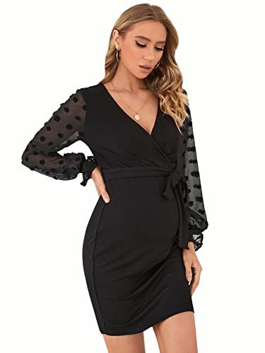 Oyoangle Women's Maternity V Neck Dot Flounce Long Sleeve Wrap Maternity Belted Bodycon Mini Dress Black S #TOP5