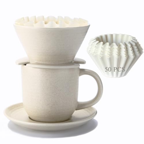 Polydremio Cafetera de Vertido, con 50 Filtros de Café de Canasta, Taza de 310 ml/10 oz con Platillo y Filtro de Café, Cerámica, Blanco Roto