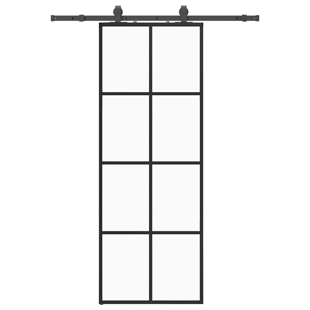 Sliding Door with Hardware Set Black 76x205 cm ESG Glass, Sturdy Powder-Coated Steel Sliding Barn Door Hardware Kit