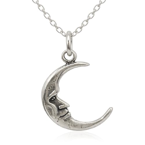 EnCharmed Man in the Moon Charm Necklace for Women, Sterling Silver Dainty Handmade Necklace, Celestial Lunar Night Sky Crescent Moon Pendant, Everyday Minimal Layering Jewelry, 18"