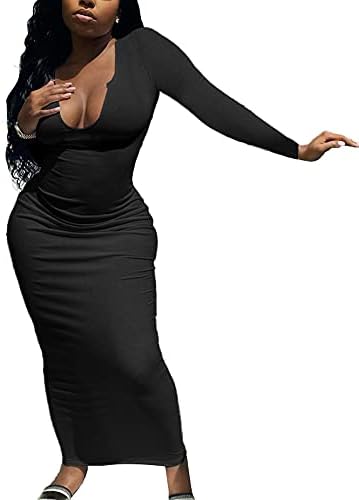 Antopmen Women Sexy V Neck Ribbed Knitted Long Sleeve Midi Dress Bodycon Slim Partywear Maxi Dress(X-Large, Black)