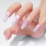 KKUUOO Handmade Press on Nails Light Purple Cat Eye Fake Nails Long Coffin False Nails with Gradient & Glitter Design Full Cover Glossy Acrylic Nails Reusable Stick on Nails for Women and Girls 24Pcs