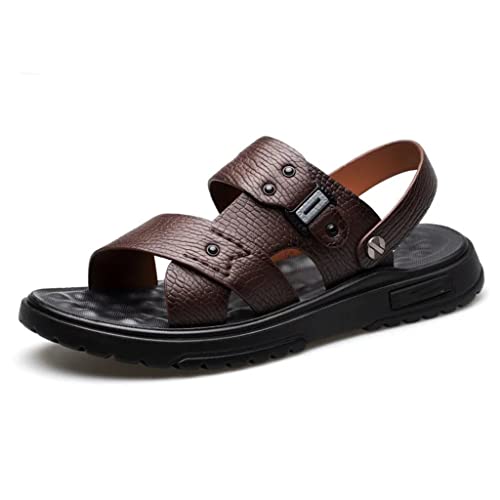 Men Shoes Vintage Real Leather Non-Slip Beach Slip-On Sandals Travel Slippers Black Brown(40)