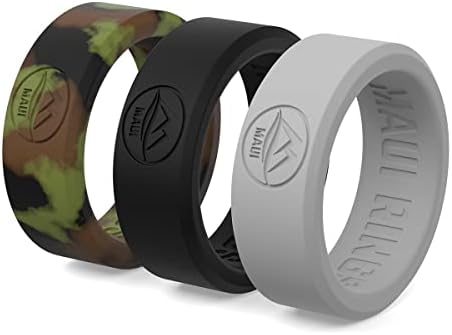 MAUI RINGS Best Silicone Wedding Ring Solid Style Engagement Rings Silicone Band for Men Wedding Rubber Bands Mens Ring Men Wedding Band Safe Ring Sport Gym (Camo/Black/Gray, 8)
