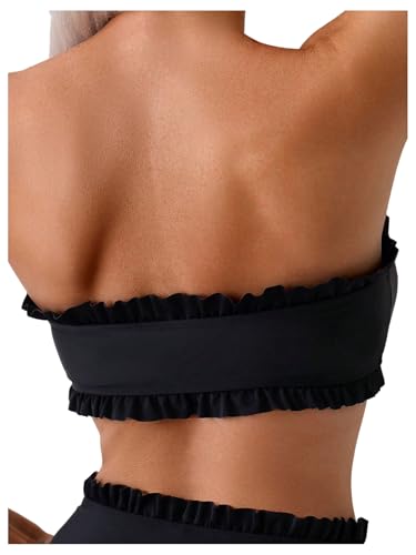 SweatyRocks Women's 2 Piece Bandeau Bikini Set High Waist Strapless Knot Front Swimsuit Ruffle Trim Bathing Suits4