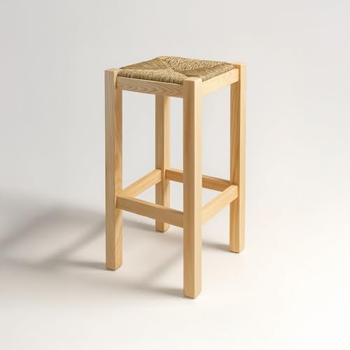 Spacio Taburete Rústico de Madera y Paja Növik – Estilo Nórdico Escandinavo – Banqueta Alta 70 cm y Baja 48,5 cm – Ideal para Cocina, Barra o Comedor | Fabricado en España (Pino Crudo, Alto)