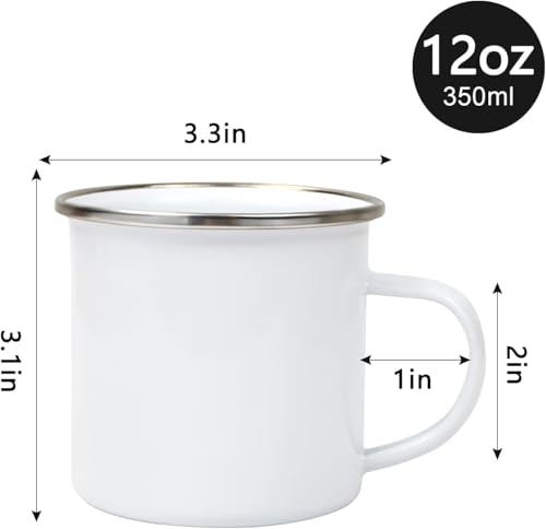 MAIKESUB 4 Pcs Sublimation Blanks White Enamel Mug 12 OZ with Silver Rim Camping Travel Coffee Metal Mug Can be used as a gift for Christmas Thanksgiving Mother's Day Father's Day