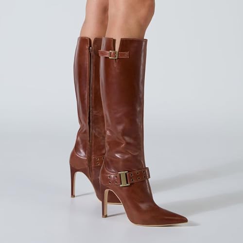 Agodor Fashion Riding Boots Women's Knee High Boots Pointed Toe Stiletto Side Zip Chic Belt Buckle Boots Winter Boots2