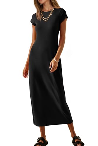 MEROKEETY Women's 2025 Summer Short Sleeve Tshirt Dress Casual Crew Neck Beach Long Maxi Dresses, Black, S