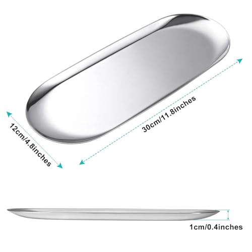 Image of HASTHIP Stainless Steel Bathroom Tray, Oblong Platter with Elegant Mirror Finish, Multipurpose for Appetizers, Snacks, Desserts, Decorative or Dessert Serving Trays, Silver, Pack of 2, 30x12cm