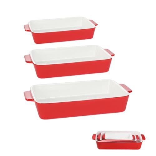 Ceramic Bakeware Set, Home Rectangular Baking Dish Lasagna Pans, Table Baking Dish with Ceramic Handles Ideal for Cooking, Kitchen, Cake Dinner, Banquet and Daily Use (Red)