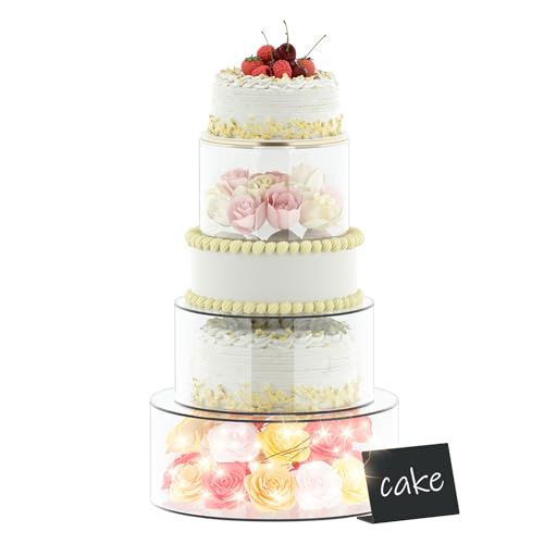 3 Pcs Cake Stands, Clear Bases Para Pasteles for Wedding, Birthday, Party, Acrylic Display Stands, Cylinder Stands for Buffet Food. (10''+8''+6'', 3x LED Lights + 3x Mini Signs + 1x Marker Pen)